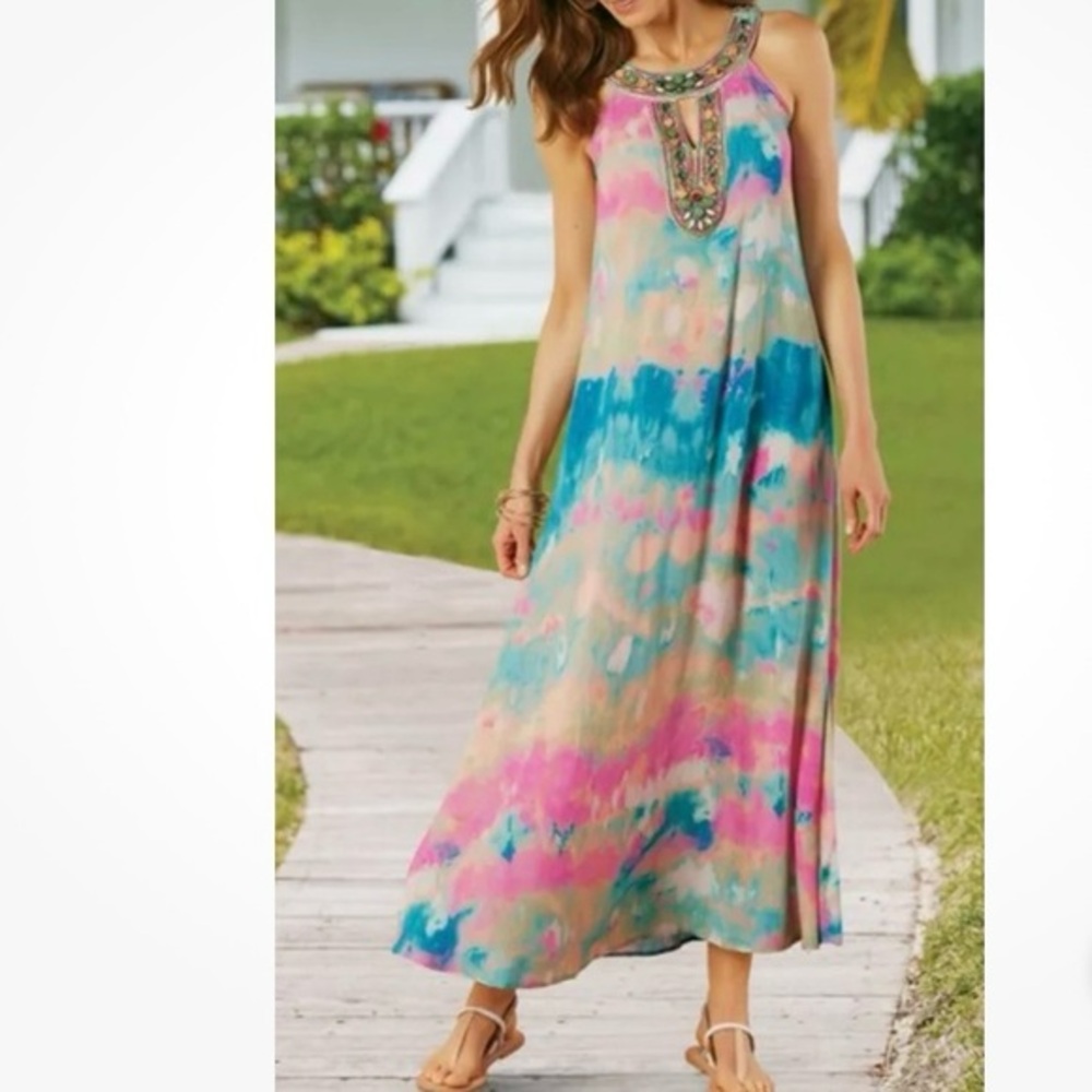 Soft Surroundings Verona‎ Royale Blue Watercolor Beaded Maxi Dress Size XS